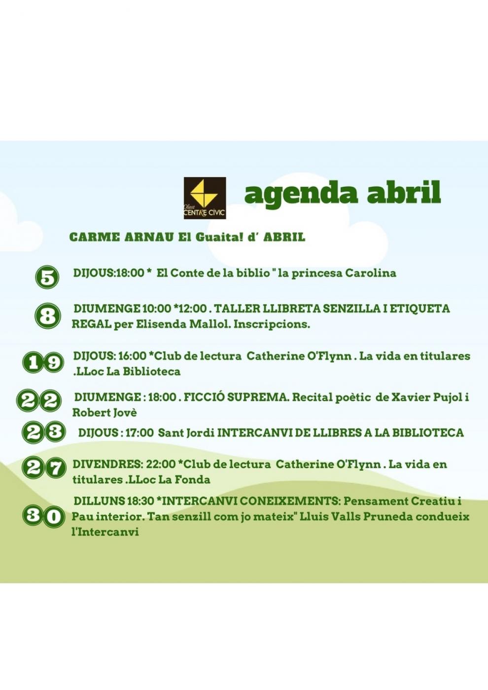 Agenda d'activitats al Centre Cívic durant el mes d'abril
